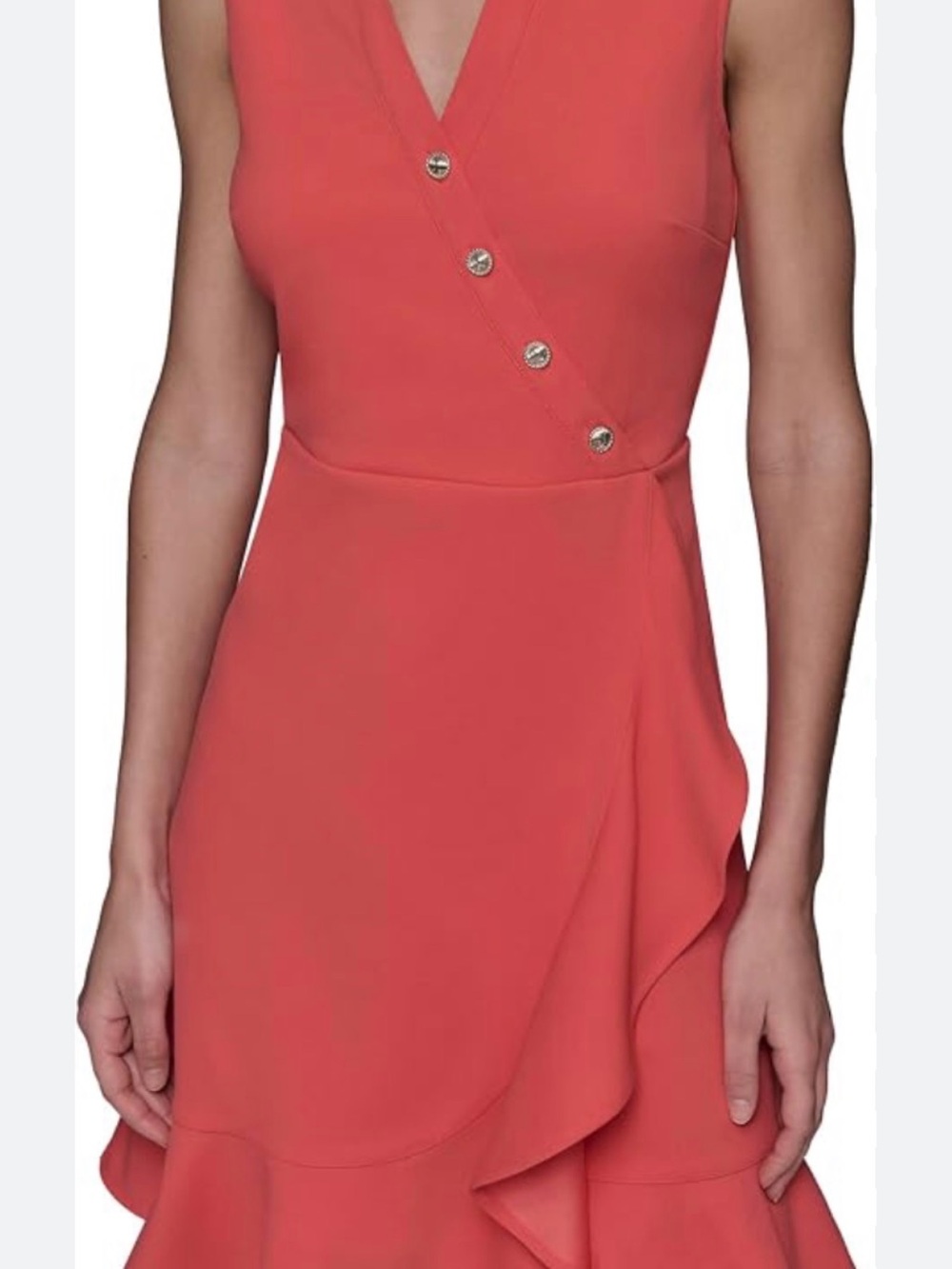 NWT- Karl Lagerfeld Coral Sleeveless V-Neck Ruffle Dress